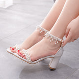 7 Cm Thick Heel Shallow Mouth With Sandals Round Head Beads Esu On High Heels White Pearl Wedding Shoes HZ0115