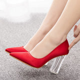 9 Cm Crystal Transparent Square Heel Pointed Shoes Bridal Shoes Silk Satin Dress Dress Shoes Wedding Shoes HZ0115