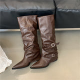 Sharp Buckle Folding Pile Boots Women Coarse And 2025 Punk Style Knight Boots Fried Street Hot Girls High And Long Boots HZ0115