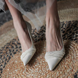 2025 White Main Wedding Dress Autumn Beads Sharp High Heels Women's Fine Heel Single Shoes Shallow Temperament Bride Wedding Shoes HZ0115