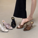 French Retro Temperament Is Thin! Purple High-Heeled Sharp-Tip Cool Slippers Women Metal Buckle Folded Fine Sandals Women's Shoes HZ0115