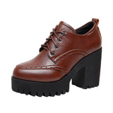 Dark Brown Bullock Women's Shoes With English Carved Small Leather Shoes Thick Heel High Heel Waterproof Table Round Head Deep Mouth Single Shoe HZ0115
