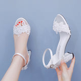 7 Cm White Lace Flower Nail Beads Bride Coarse Heel Sandals Shallow Word With Fish Mouth High Heel Square Roots Sandals HZ0115
