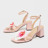 Ladies Head Three-Dimensional Flowers Solid Color Coarse Sandals Women's Shoes Gorgeous Fashion Pink High Heels HZ0115