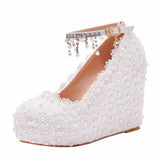 Pearl Lace Wedding Shoes Slope Heel Single Shoe Buckle With Slope Heel Waterproof Table Large Size Shoes Woman HZ0115