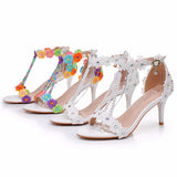 7 Cm Light Mouth With Sandals Fine Heel Sandals White Lace Wedding Shoes Famous Wind High Heel Sandals HZ0115