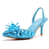 7 Cm Silver Light-Mouthed Pointed Sandals Water Drill Glass Fine Heel Sandals Large Wedding Shoes Bride Wedding Women's Shoes HZ0115