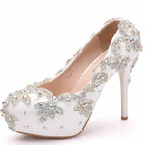 11 Cm High Heels Large Size Waterproof Table Single Shoes Women's Fine Heel Round Head Diamond Wedding Shoes Bridal Shoes Ball HZ0115