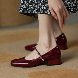 2025 Spring Red Patent Leather Side Head Shallow Mouth Thick Low Heel French Retro Word With Mary Jane Singles Shoes HZ0115