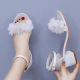 5 Cm Square Heel Sandals Light Mouth A Word With Coarse Heel Sandals White Flowers Color Lactin Ribbon Bridal Wedding Sandals HZ0115