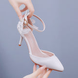 White Lace Flower Wedding Shoes One-Word Wristband Bridal Shoes Fine Heel Sharp Wedding Shoes Women Sandals Car Show Shoes HZ0115