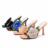 9 Cm Square Head High Heel Sandals Slippers Wine Glasses And Temperament Embroidered Flowers Women's Shoes White Fish Mouth Light Sandals HZ0115