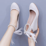 5 Cm White Beads Thick Bottom Heels Mary Jane's Shallow Mouth Single Shoe Ribbon Thin Wedding Dress High Heels HZ0115