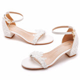 5 Cm Thick Heel Sandals Shallow Mouth With Square Side Buckle Sandals White Embroidered Lace Wedding Shoes High Heels HZ0115