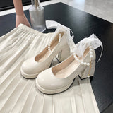 High Heels Women's Coarse Heel 2025 New Spring Pearl Bow Gentle Fairy Style French Mary Jane Single Shoes HZ0115
