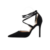 Black High-Heeled Women 2025 New Temperament Goddess Fan Sexy Pointed Roman Cross-Tie Fine Heel Single Shoes HZ0115