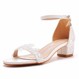 5 Cm Thick Heel Sandals Shallow Mouth With Square Side Buckle Sandals White Embroidered Lace Wedding Shoes High Heels HZ0115