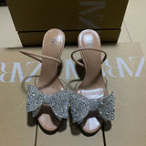 2025 Summer New Women's Shoes Beige Water Drill Bows Fine High Heel Sandals Tip-Out Fashion Sandals HZ0115