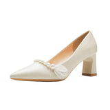 Naipa~French Pearl Coarse Heel High Heels Design A Sense Of Niche Temperament Dentstiness Head Dress Bridesmaid Shoes Light Color HZ0115