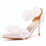 7 Cm White Flowers High Heel Sharp Sandals One Word Wristband Bride Hollow Fine Tip Head Wedding Dress Sandals HZ0115