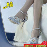 French Small Fragrant Wind Tip High Heels Women 2025 Spring And Summer Lace Flowers Fine Heel Wedding Shoes Pearl Chain Single Shoes HZ0115