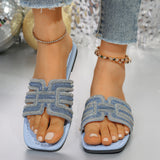 Large-Size Flat Bottom Cool Slippers Women 2025 Summer New Color Water Drill Square Head Casual Word Slippers HZ0115