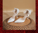 Bag Head Button Single Shoes Wedding Shoes Female White Silk And Satin Bridal Shoes With Wedding Tips And Bridesmaid High Heels HZ0115