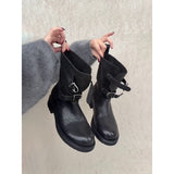 Vintage Belt Buckle Short Barrel Knight Boots Coarse And Western Cowboy Boots Women Thin Round Head Locomotive Short Boots HZ0115