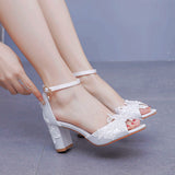 7 Cm Fish Mouth High-Heeled Sandals Shallow Mouth Lace Flower Large Size Sandals Bride Wedding Silk Satin Cloth Coarse Sandals Woman HZ0115