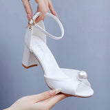 7 Cm Fish Mouth High-Heeled Sandals Shallow Pearl Large-Size Round-Head High Heels Bride Wedding Silk Satin Cloth Coarse Sandals HZ0115