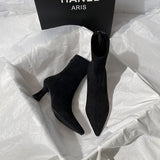 Brown Short Boots Women High And 2025 Autumn And Winter 2025 New Set Of French Fine And Elastic Boots Velvet Head Thin Skin Boots HZ0115