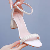 7 Cm Thick Heel And Light Mouth With Sandals Round Head Square Sandals White Pearl Wedding Shoes Size 44 Yards 45 Yards HZ0115