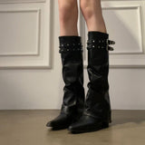 Sweet Cool Hottie Temperament Coarse And Trouser Boots Girl Retro Black Belt Buckle Rivet Tip Knight Boots HZ0115