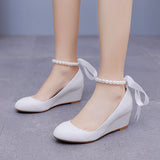 5 Cm White Beads Thick Bottom Heels Mary Jane's Shallow Mouth Single Shoe Ribbon Thin Wedding Dress High Heels HZ0115