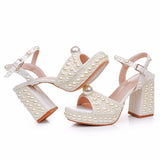 9 Cm Thick Heel Fish Mouth Waterproof Table Sandals Round Head Square Thick Heel Sandals White Pearl Wedding Shoes HZ0115