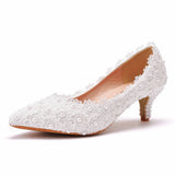Large-Size 5 Cm Lace Heel High Heel Heel Heel Mid-Heeled Wedding Shoes Pointed Bridesmaid Shoes Annual Photo Shoes HZ0115