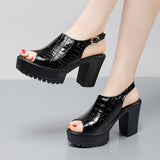 Fish Mouth Patent Leather Crocodile High Heel Sandals Summer White Wedding Shoes Waterproof Table Thick Cheongsam Walking Shoes Coarse Heel Women's Shoes HZ0115