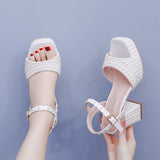 9 Cm Coarse Heel Fish Mouth Waterproof Table Sandals Round Head Square Sandals Side Sandals And Pearl Bridal Dress Shoes HZ0115
