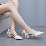 4 Cm Low Heel Tip Hollow Sandals Coarse Heel Beaded Women's Shoes White Mute PU Wedding Banquet Bridal Shoes HZ0115