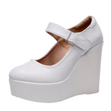 White High-Slope Single-Shoe Round Cheongsam Shoes Shallow Walking Shoes Waterproof Table Thick-Soled Size 43 Magic Sticker Women's Shoes HZ0115