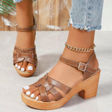 New Sandals Women 2025 Summer High Heels Leaky Toe Coarse-Character Buckle Tape Large-Size Sandals HZ0115