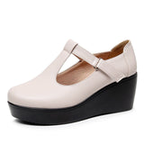 T-Word With Round Head Slope And Soft Soles Of Mother Leather Shoes Spring And Autumn Waterproof Table Thick-Soled Loose Cake Shallow Magic Stick Single Shoes Women HZ0115