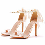 Elegant Fish Mouth High Heel Beaded Sandals Beautiful Ribbon Satin Cloth High Heels High Heels Wedding Dress Wedding Dress Bridal Shoes HZ0115