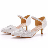 5 Cm Hollow Sharp Head Sandals In Low-Heeled Mary Jane Sandals White Lace Beaded Wedding Shoes Bridal Wedding Shoes HZ0115