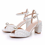 7 Cm Thick Heel Sandals Square Thick Heel Sandals White Wedding Dress Sandals Pearl Wedding Shoes Women HZ0115