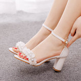 7 Cm Round Head With Thick Heel And Shallow Mouth With Sandals Beaded Flowers Wedding Dress Shoot High Heels Sandals HZ0115