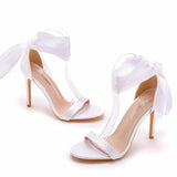 Elegant Fish Mouth High Heel Tie Sandals Beautiful Ribbon Silk Satin Cloth High Heel Women's Shoes Wedding Dress Wedding Dress HZ0115