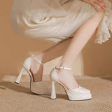 Small Thick Heel Waterproof Table High Heels Women Patent Leather Buckle In The Hollow Square Thick-Soled Wedding Shoes To Host Banquet Shoes HZ0115