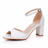 7 Cm Fish Mouth Coarse Sandals Shallow Buckle With Large-Size Dew Dunk Sandals Bride White Thick-Heeled Sandals Woman HZ0115
