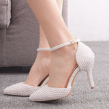 9 Cm White Pearl Tip-Pointed High-Heeled Sandals Fine Heel Size High Heeled Sandals Female Wedding Shoes Banquet HZ0115